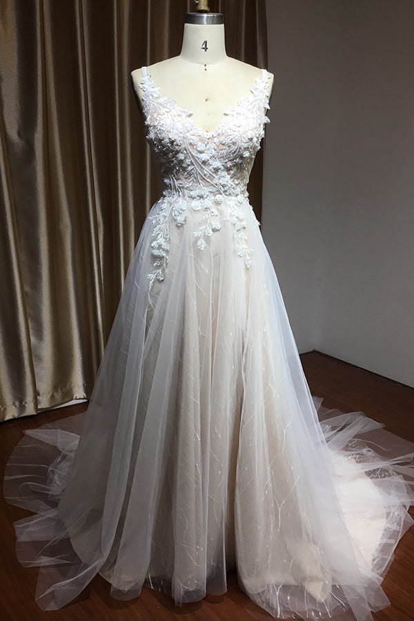 A-line Wedding Dress with Straps Floral Appliques & Split Backless-Wedding Dresses-BallBride