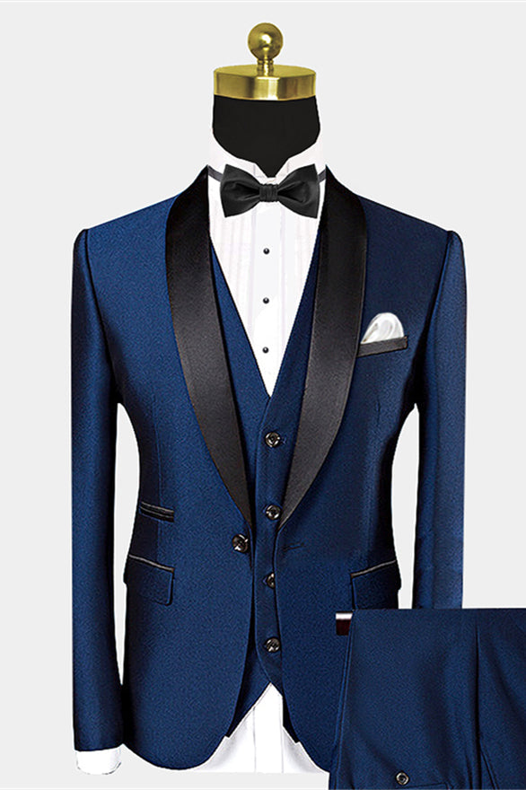 Advanced Dark Navy Blue Shawl Lapel Wedding Suit with Black Bow Tie-Wedding Suits-BallBride