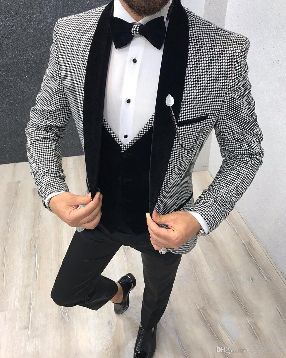 Ahmed Three Pieces Men Suits with Black Houndstooth Shawl Lapel-Wedding Suits-BallBride
