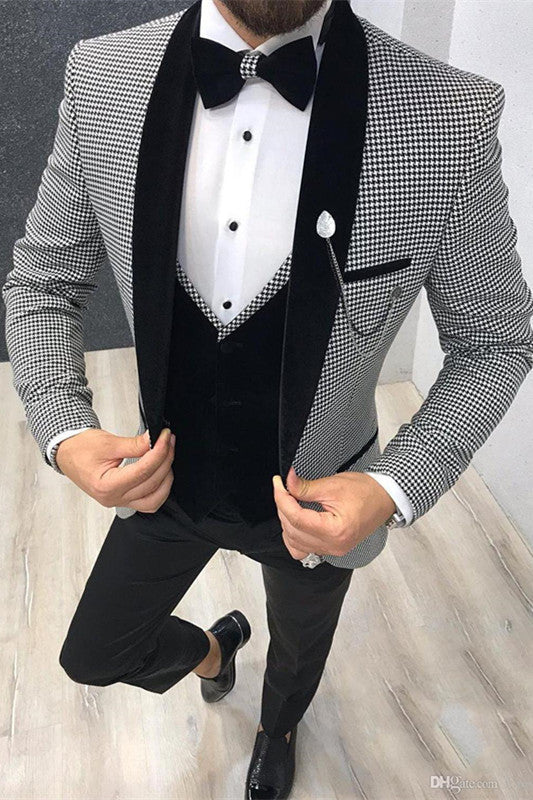 Ahmed Three Pieces Men Suits with Black Houndstooth Shawl Lapel-Wedding Suits-BallBride