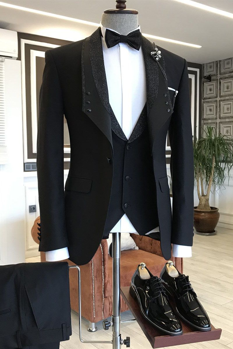 All Black Shawl Lapel One Button Wedding Suit for Grooms ¡§C Felix 3-pieces-Wedding Suits-BallBride