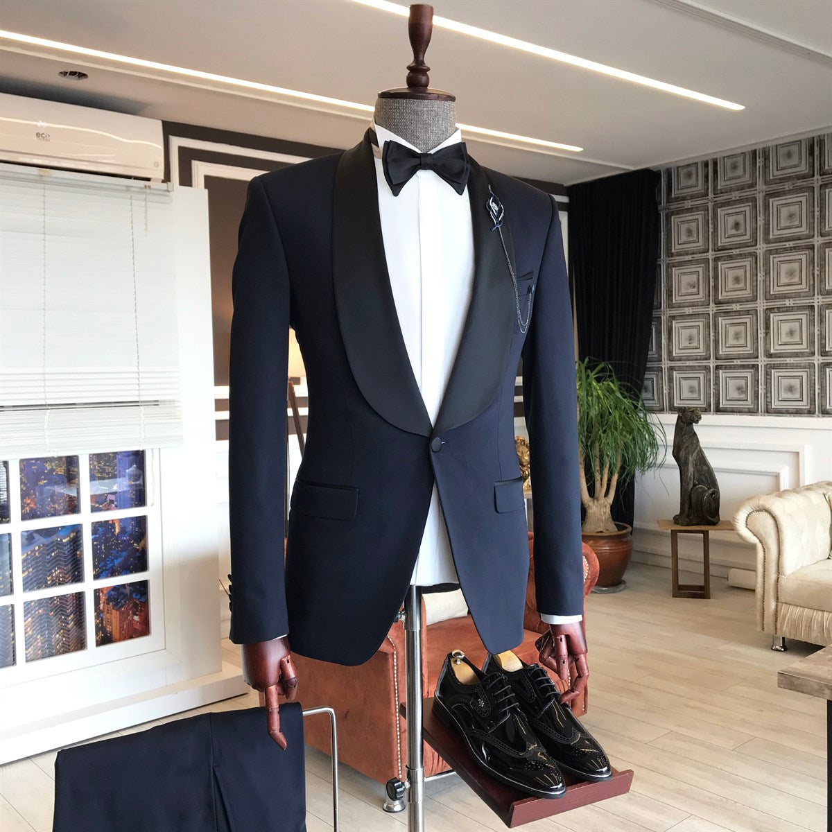 Allan Dark Navy Fashion Shawl Lapel One Button Wedding Men's Suits-Wedding Suits-BallBride