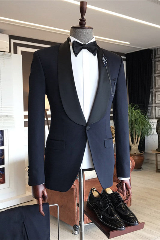 Allan Dark Navy Fashion Shawl Lapel One Button Wedding Men's Suits-Wedding Suits-BallBride