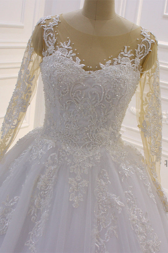 Amazing Bateau Long Sleeves Lace Wedding Dress with Pearl Appliques-Wedding Dresses-BallBride
