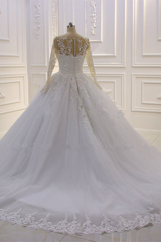 Amazing Bateau Long Sleeves Lace Wedding Dress with Pearl Appliques-Wedding Dresses-BallBride