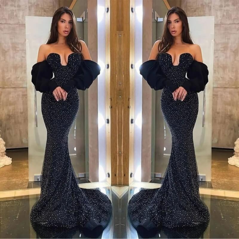 Amazing Black Mermaid Evening Dress with Detachable Beaded Sleeves-Occasion Dress-BallBride