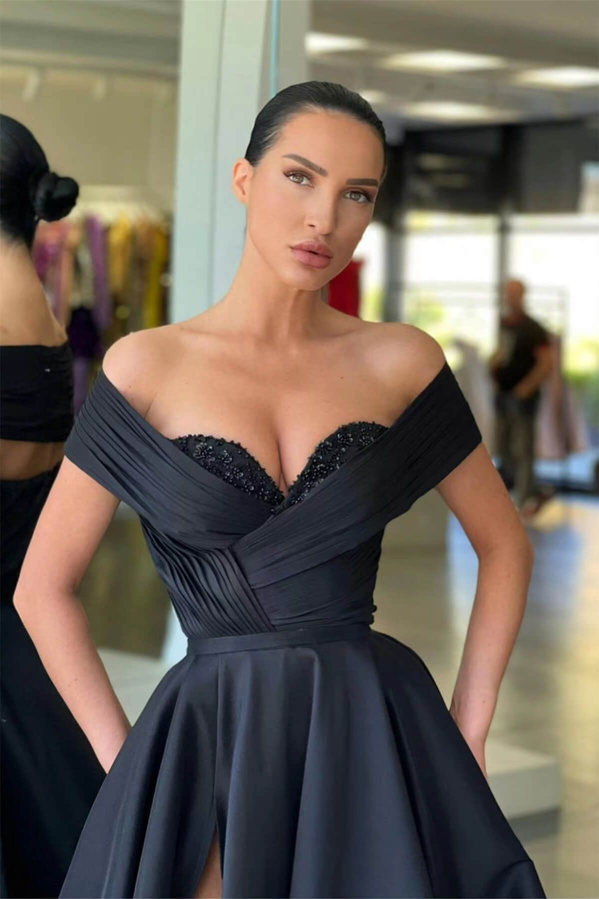 Amazing Black Off-the-Shoulder Evening Dress with Beaded Split Long Skirt-Occasion Dress-BallBride