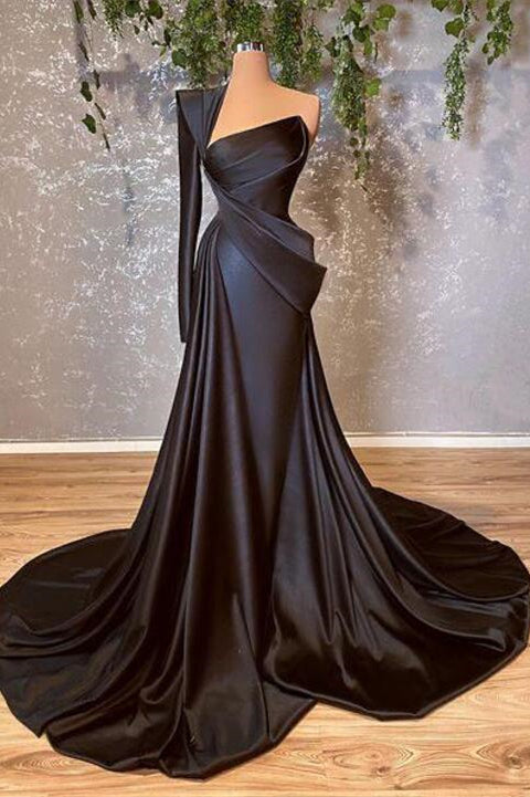 Amazing Black One-Shoulder Long Sleeve Prom Dress Mermaid Long-Occasion Dress-BallBride