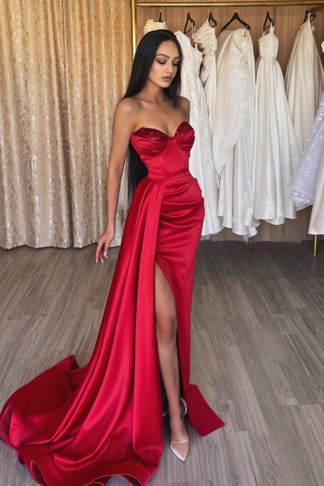 Amazing Bugundy Sweetheart Mermaid Evening Dress with Split Long, Sequins and Ruffles-Occasion Dress-BallBride