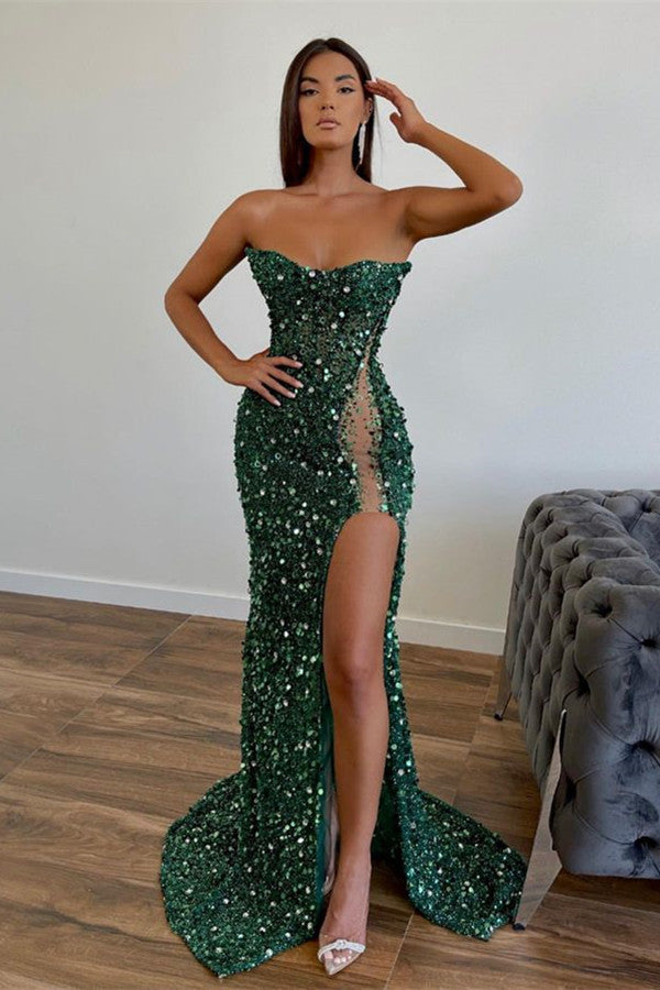 Amazing Dark Green Sequins Sleeveless Mermaid Prom Dress-BallBride