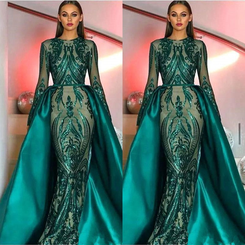 Amazing Emerald Green Long Sleeves Sequins Mermaid Prom Dress-Occasion Dress-BallBride