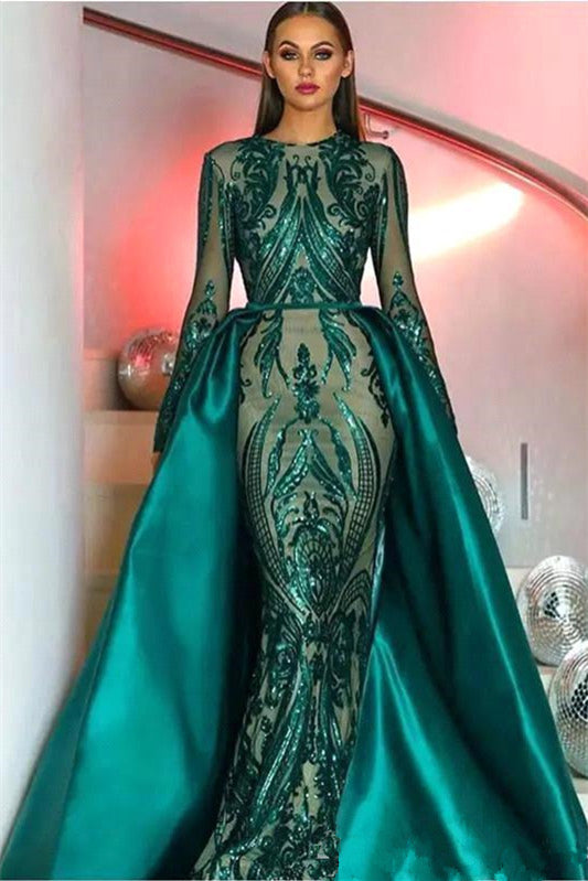 Amazing Emerald Green Long Sleeves Sequins Mermaid Prom Dress-Occasion Dress-BallBride