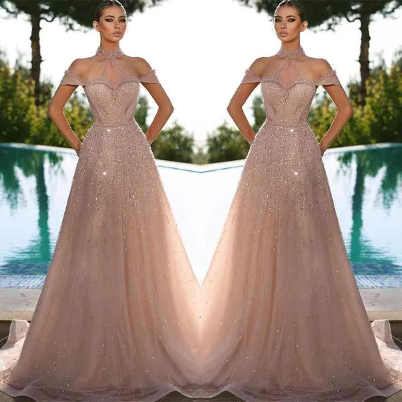 Amazing High Neck Off-the-Shoulder Evening Dresses A-Line With Beadings-BallBride