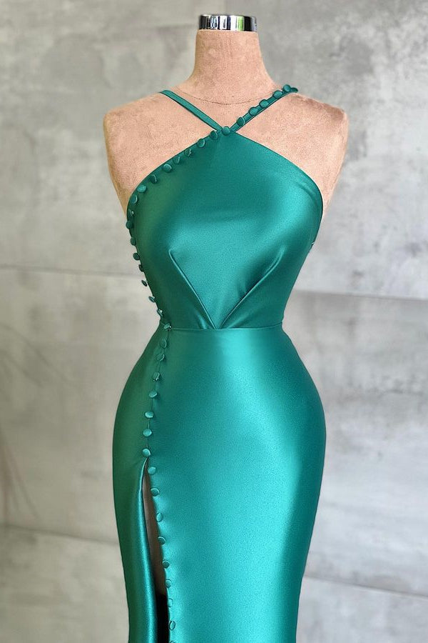 Amazing Jade Halter Sleeveless Prom Dress with Slit Buttons-Occasion Dress-BallBride