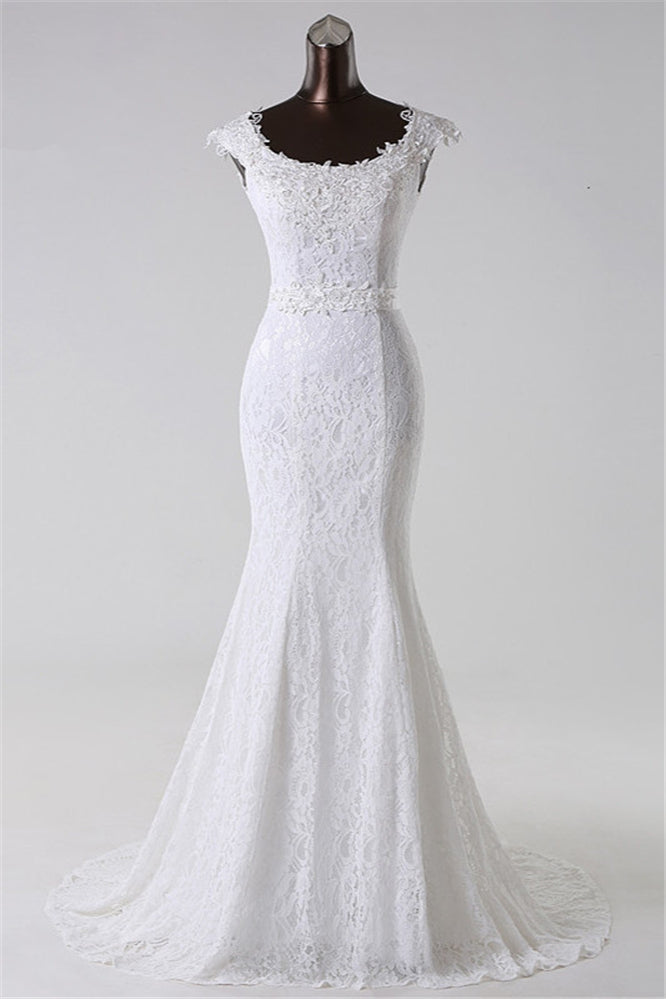 Amazing Jewel Long Lace Mermaid Wedding Dress With Appliques-Wedding Dresses-BallBride
