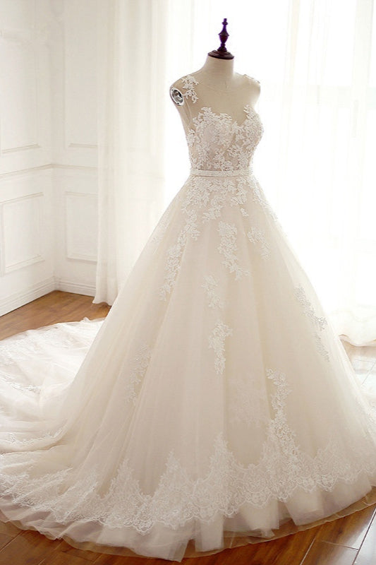 Amazing Jewel Long Wedding Dress with Lace Appliques-Wedding Dresses-BallBride