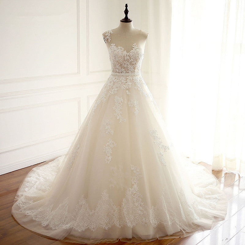 Amazing Jewel Long Wedding Dress with Lace Appliques-Wedding Dresses-BallBride