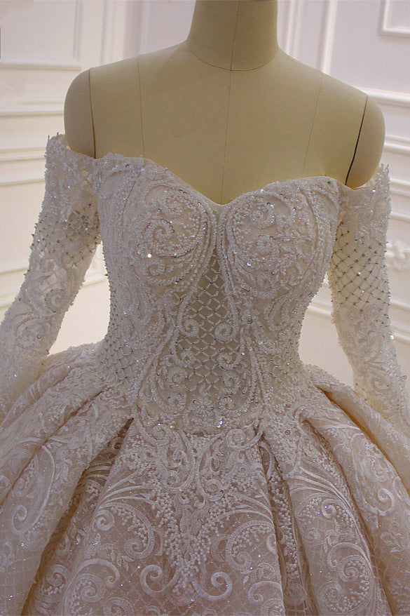 Amazing Long Sleeves Ball Gown Wedding Dress With Lace Appliques-Wedding Dresses-BallBride