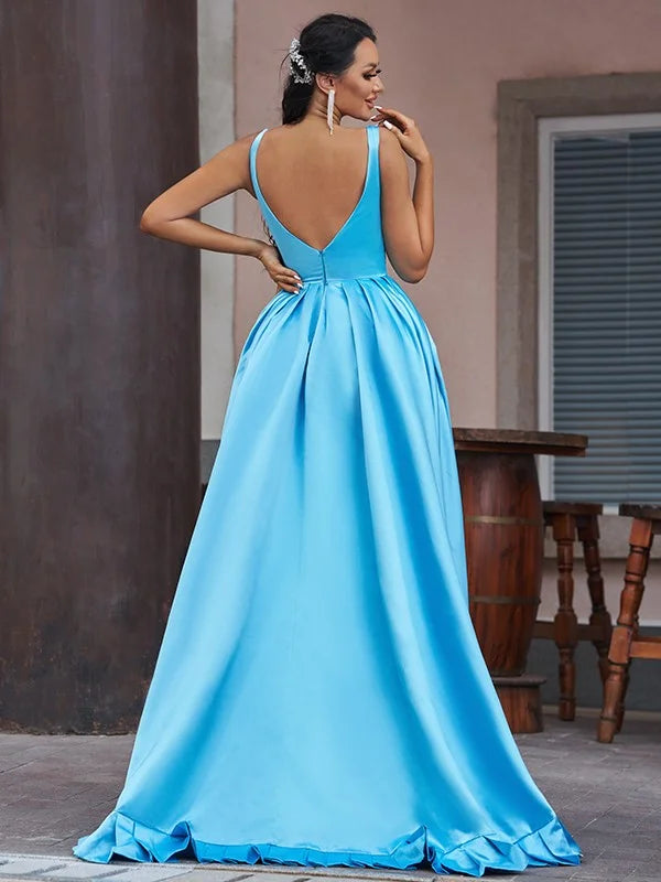 Amazing Ocean Blue V-Neck Sleeveless Evening Dress Hi-Lo-BallBride