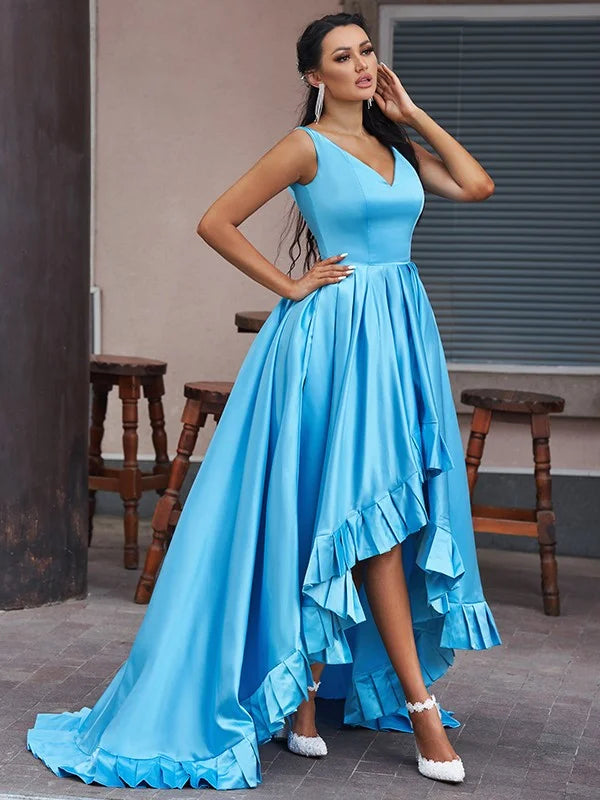 Amazing Ocean Blue V-Neck Sleeveless Evening Dress Hi-Lo-BallBride