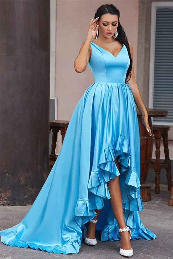 Amazing Ocean Blue V-Neck Sleeveless Evening Dress Hi-Lo-BallBride