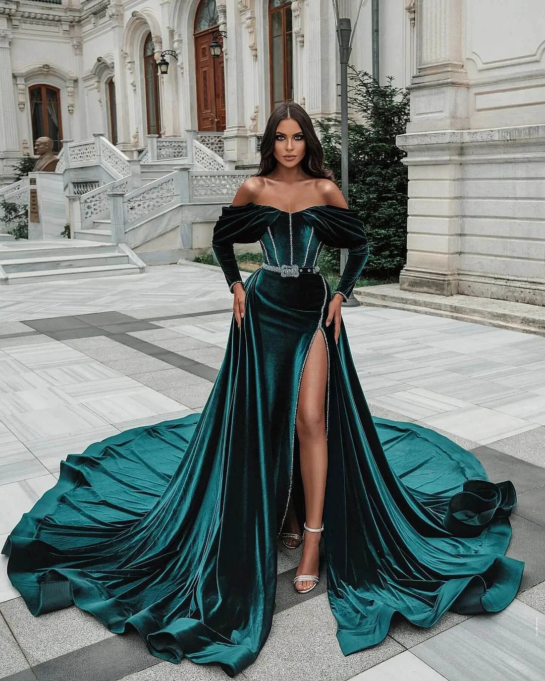 Amazing Off-the-Shoulder Long Sleeves Dark Green Evening Dress Mermaid Split With Detachable Skirt-BallBride