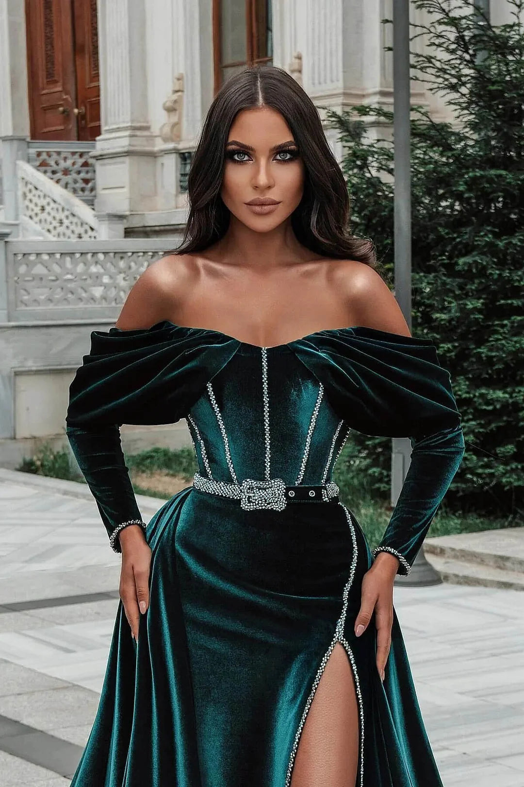 Amazing Off-the-Shoulder Long Sleeves Dark Green Evening Dress Mermaid Split With Detachable Skirt-BallBride