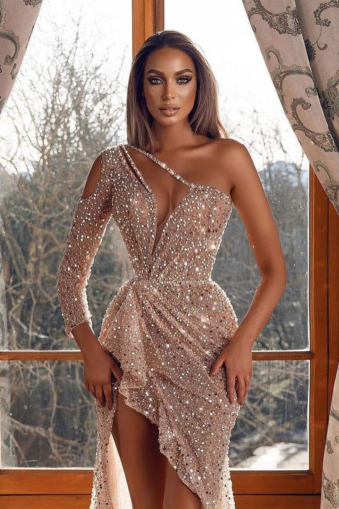 Amazing One Shoulder Mermaid Prom Dress with Sequins Slit and Beadings and Long Sleeves-BallBride