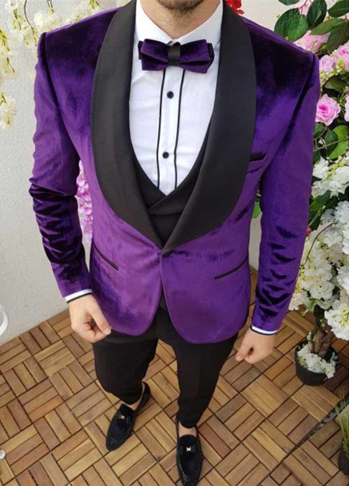Amazing Purple Black Velvet Shawl Lapel Blazer For Men's Prom Smoking Wears-Prom Suits-BallBride