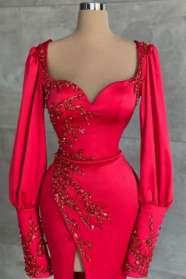 Amazing Red Long Sleeves Prom Dress with Beadings & Split - Mermaid Sweetheart-Occasion Dress-BallBride