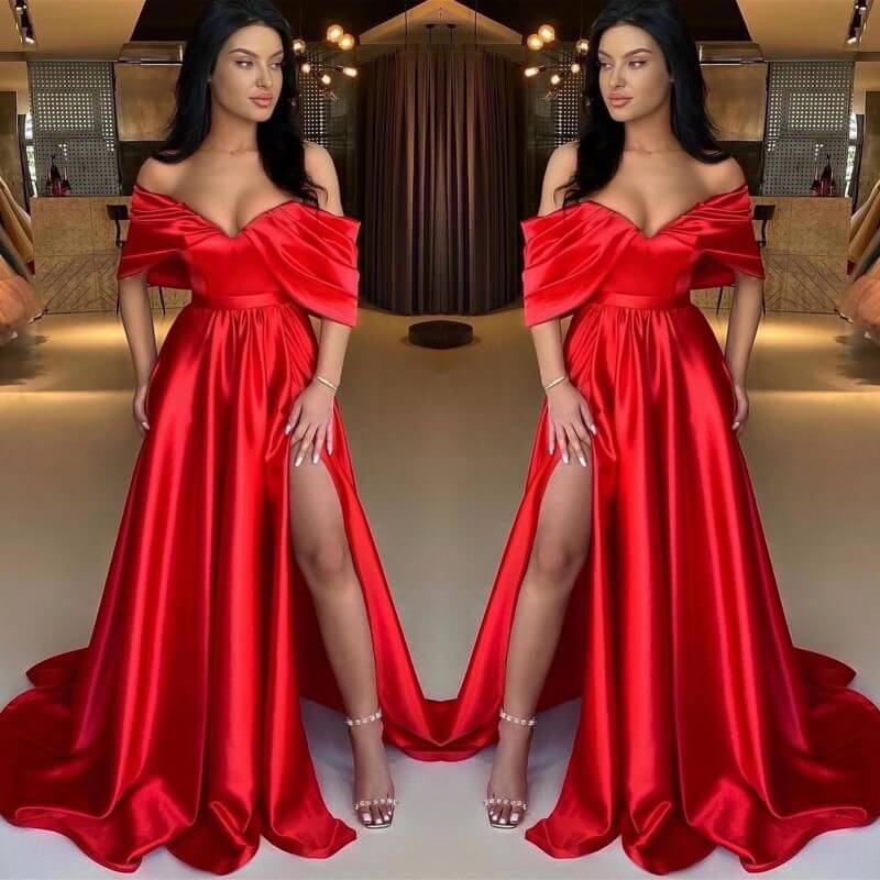 Amazing Red Off-the-Shoulder Evening Dress with Long Split Online-Occasion Dress-BallBride