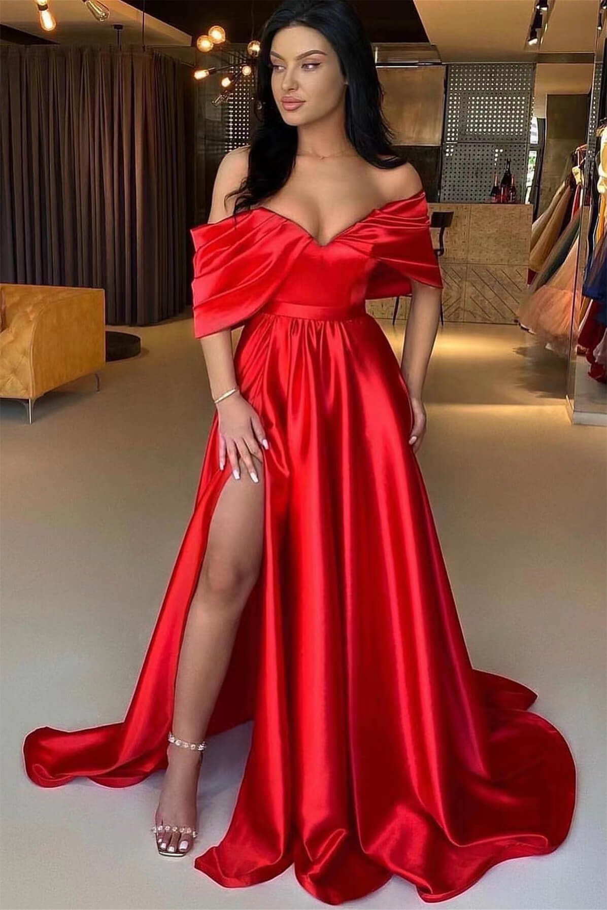 Amazing Red Off-the-Shoulder Evening Dress with Long Split Online-Occasion Dress-BallBride