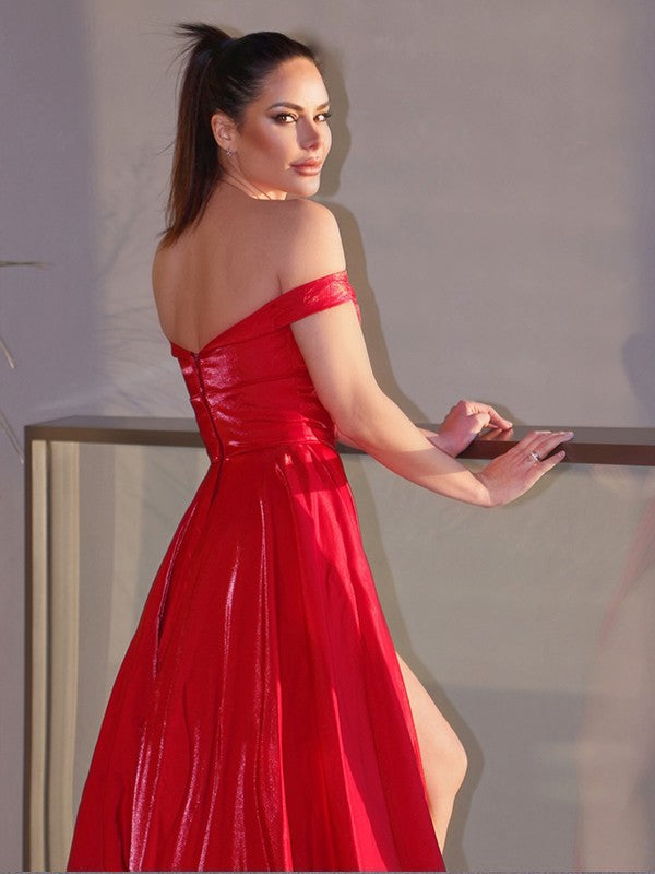 Amazing Red Off-the-Shoulder Long Evening Dress Split Online-Occasion Dress-BallBride