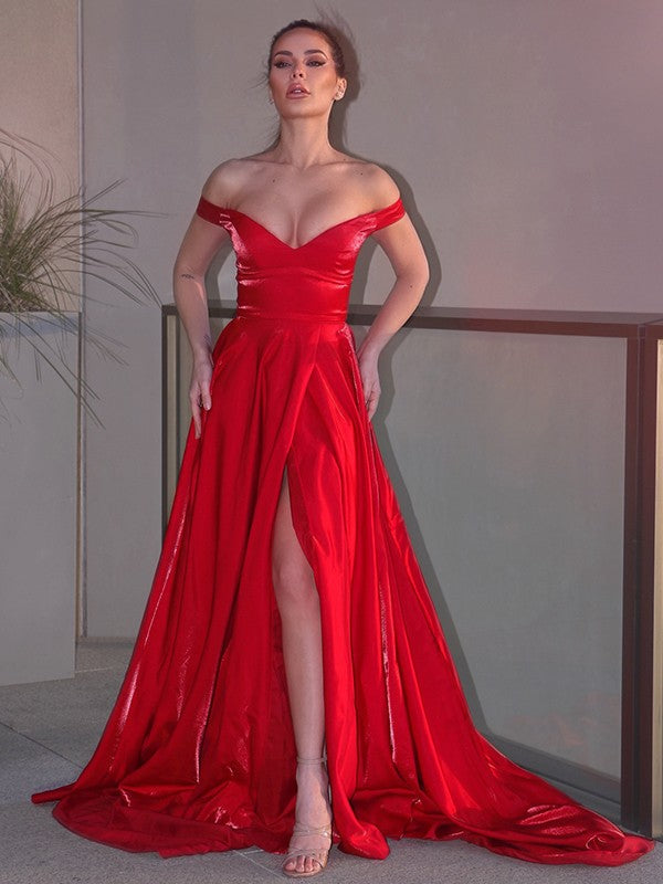Amazing Red Off-the-Shoulder Long Evening Dress Split Online-Occasion Dress-BallBride