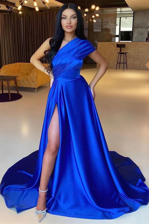 Amazing Royal Blue One Shoulder Evening Dress Long With Split-BallBride