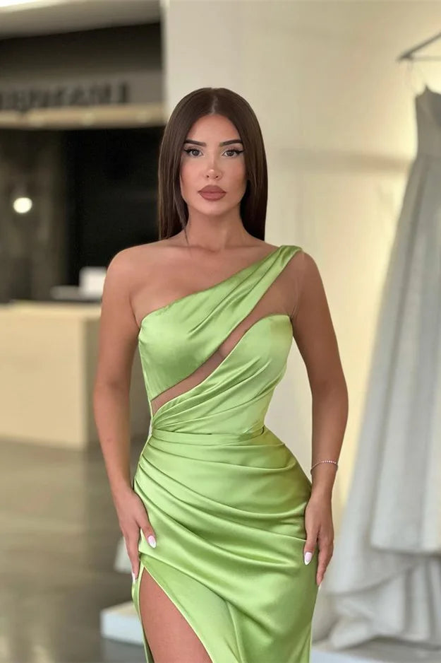 Amazing Sage Green One Shoulder Mermaid Evening Dress Long Slit-BallBride