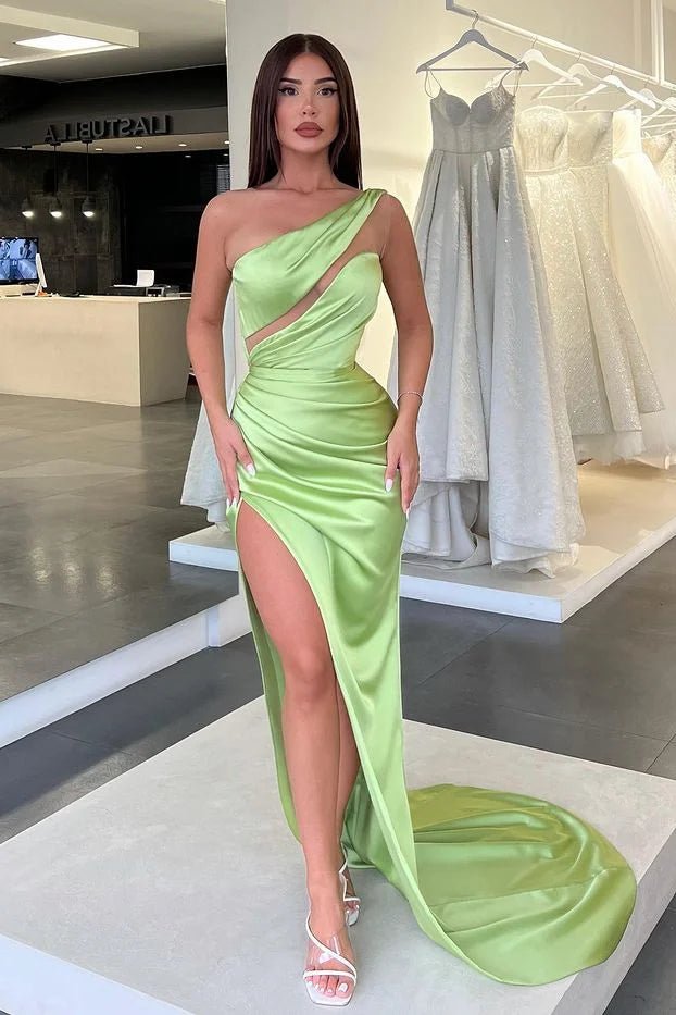 Amazing Sage Green One Shoulder Mermaid Evening Dress Long Slit-BallBride