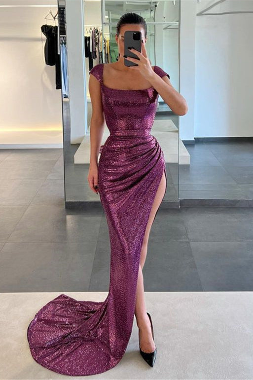 Amazing Sequins Prom Dress with Slit & Grape Cap Sleeves for Mermaid Look-Occasion Dress-BallBride