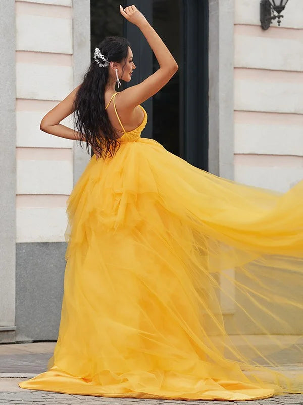 Amazing Spaghetti-Straps High-Lo Tulle Evening Dress Online-BallBride