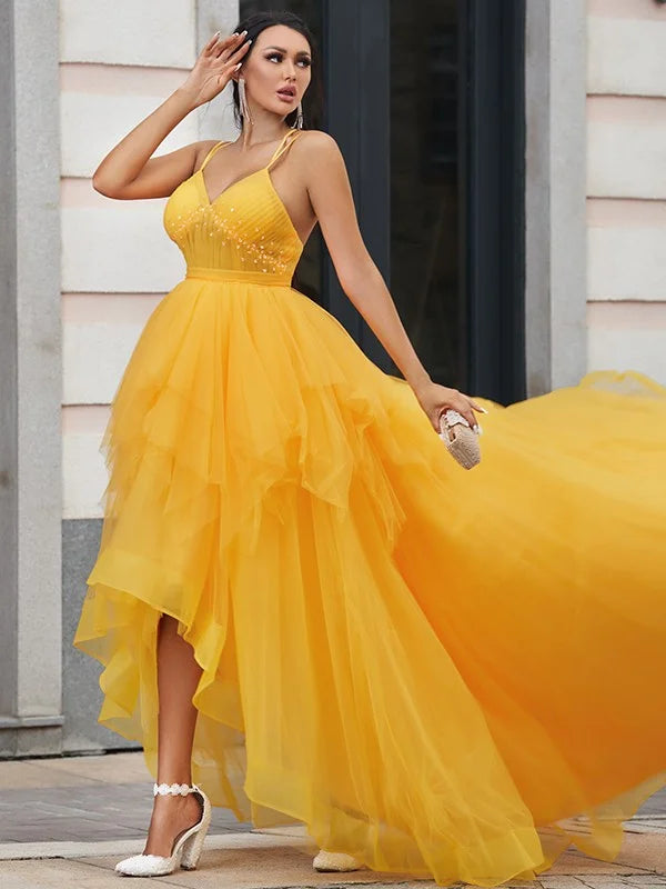 Amazing Spaghetti-Straps High-Lo Tulle Evening Dress Online-BallBride