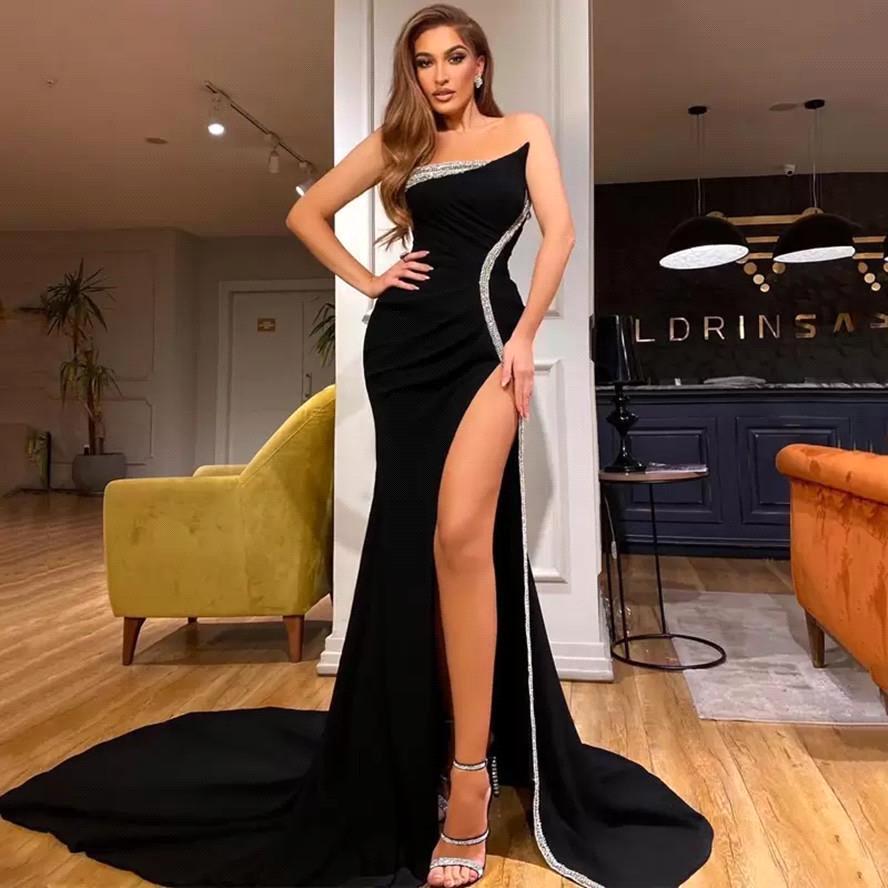 Amazing Strapless Black Prom Dress with Silver Decor and Mermaid Slit-Occasion Dress-BallBride