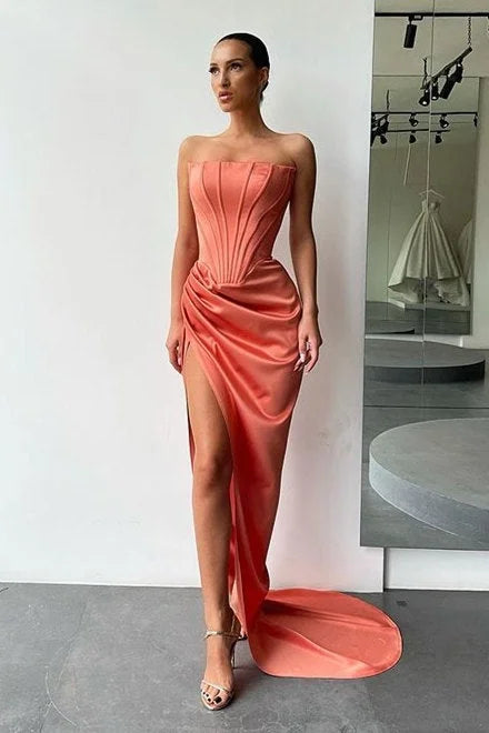 Amazing Strapless Long Prom Dress Split Evening Party Gowns-BallBride