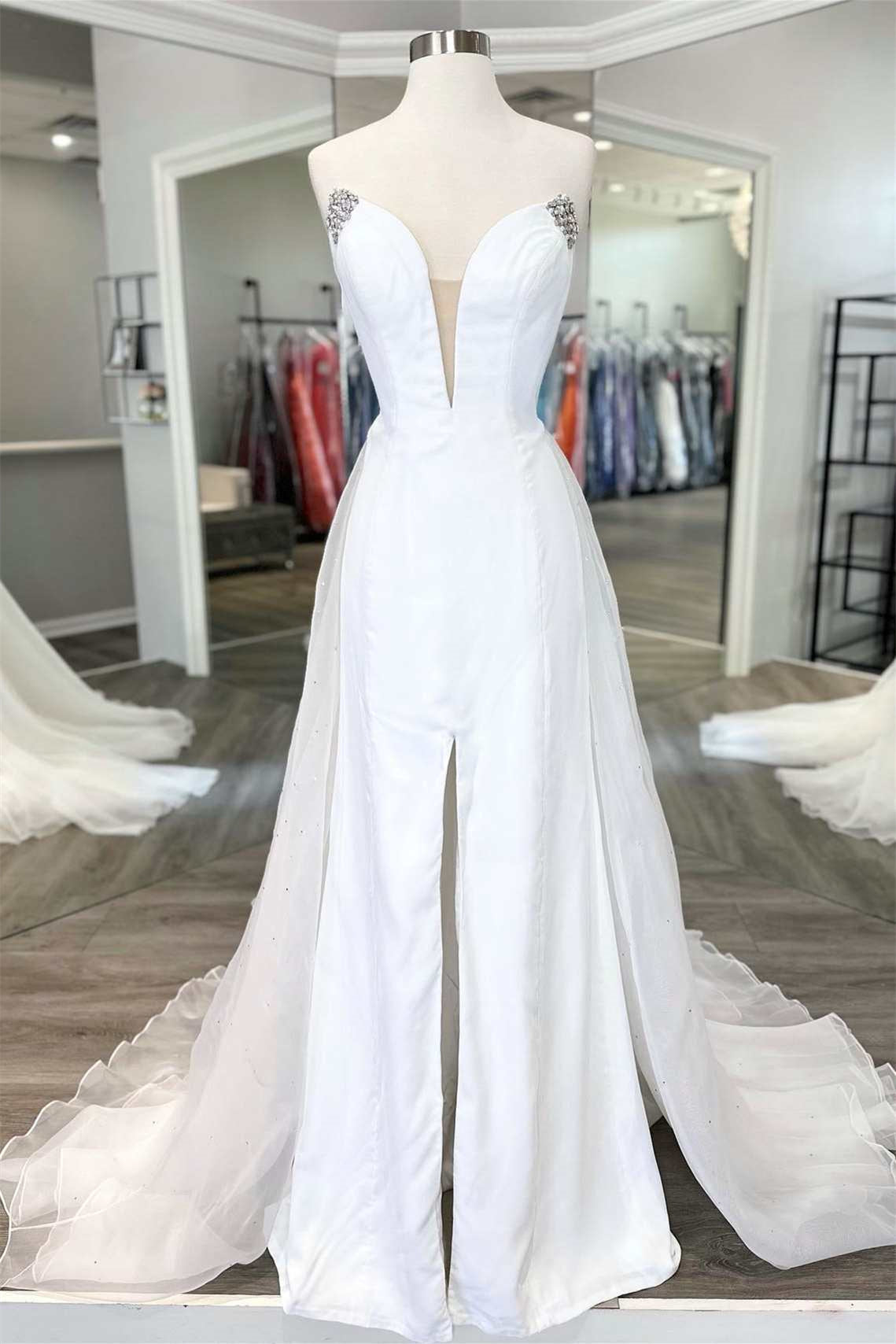 Amazing V Neck A Line Wedding Dress with Tulle Court and Appliques-Wedding Dresses-BallBride