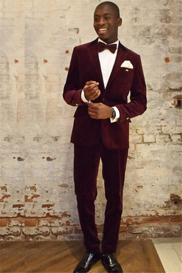 Amazing Wine Red Prom Suit for Guys ¨C Velvet with Notched Lapel-Prom Suits-BallBride