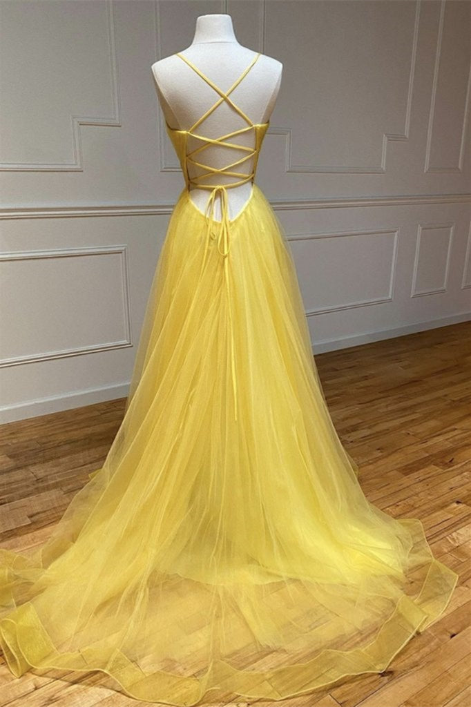 Amazing Yellow Spaghetti-Straps Prom Dress with String Back-BallBride