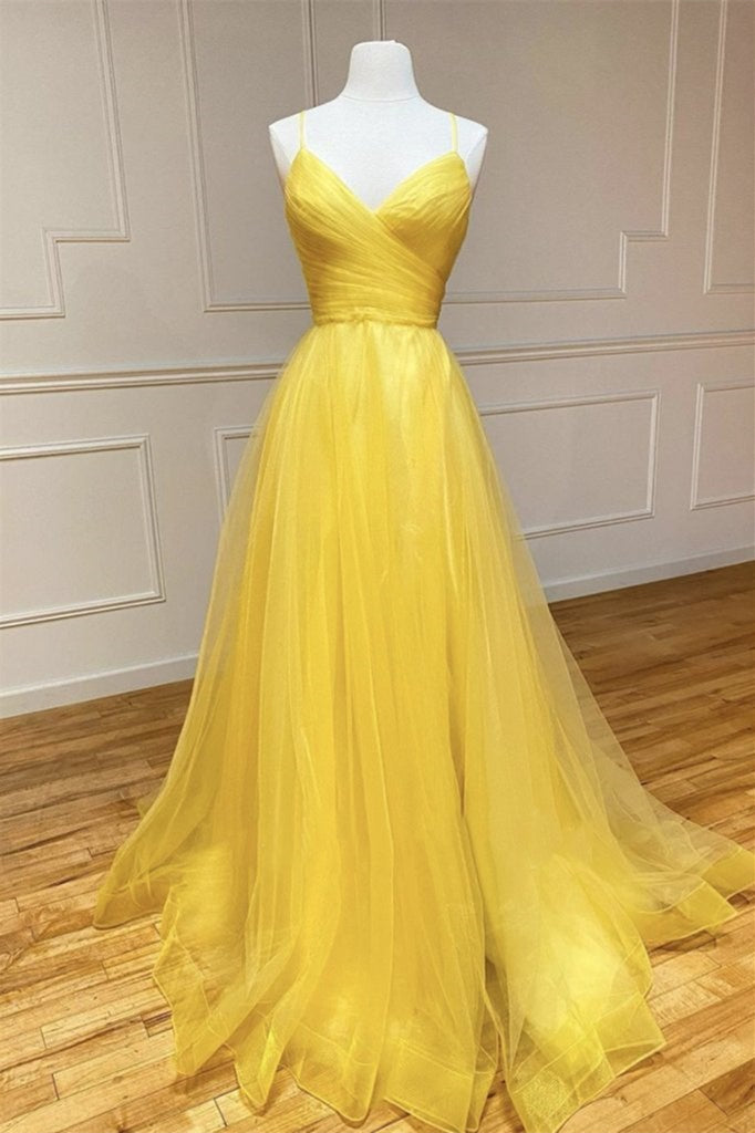 Amazing Yellow Spaghetti-Straps Prom Dress with String Back-BallBride