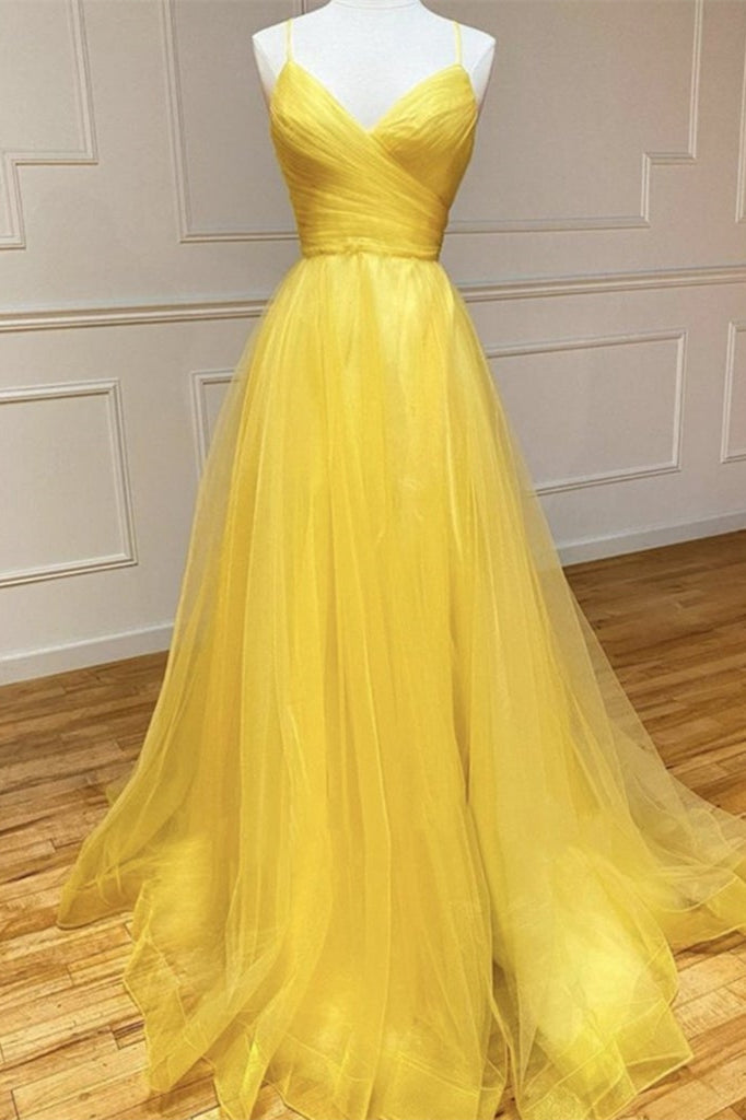 Amazing Yellow Spaghetti-Straps Prom Dress with String Back-BallBride