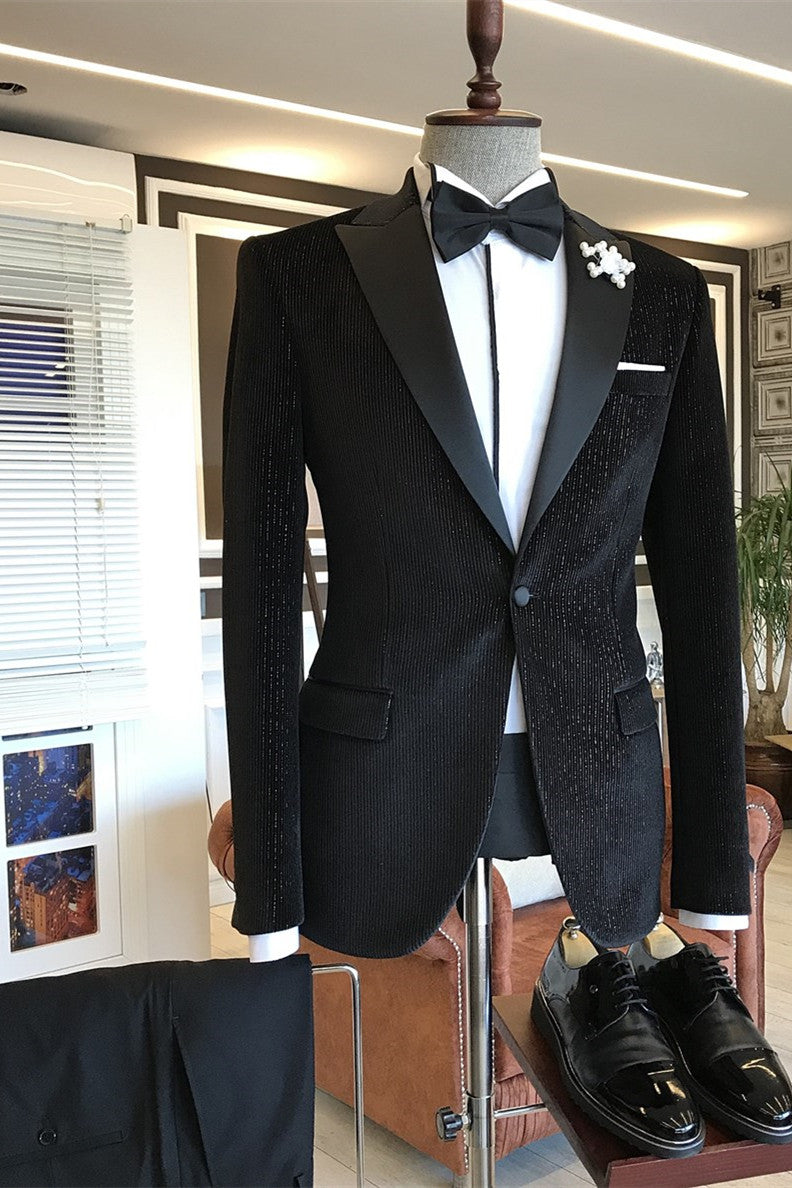 Andrew Fashion Style Black Sparkle Stripes Peaked Lapel Men Suits-Wedding Suits-BallBride