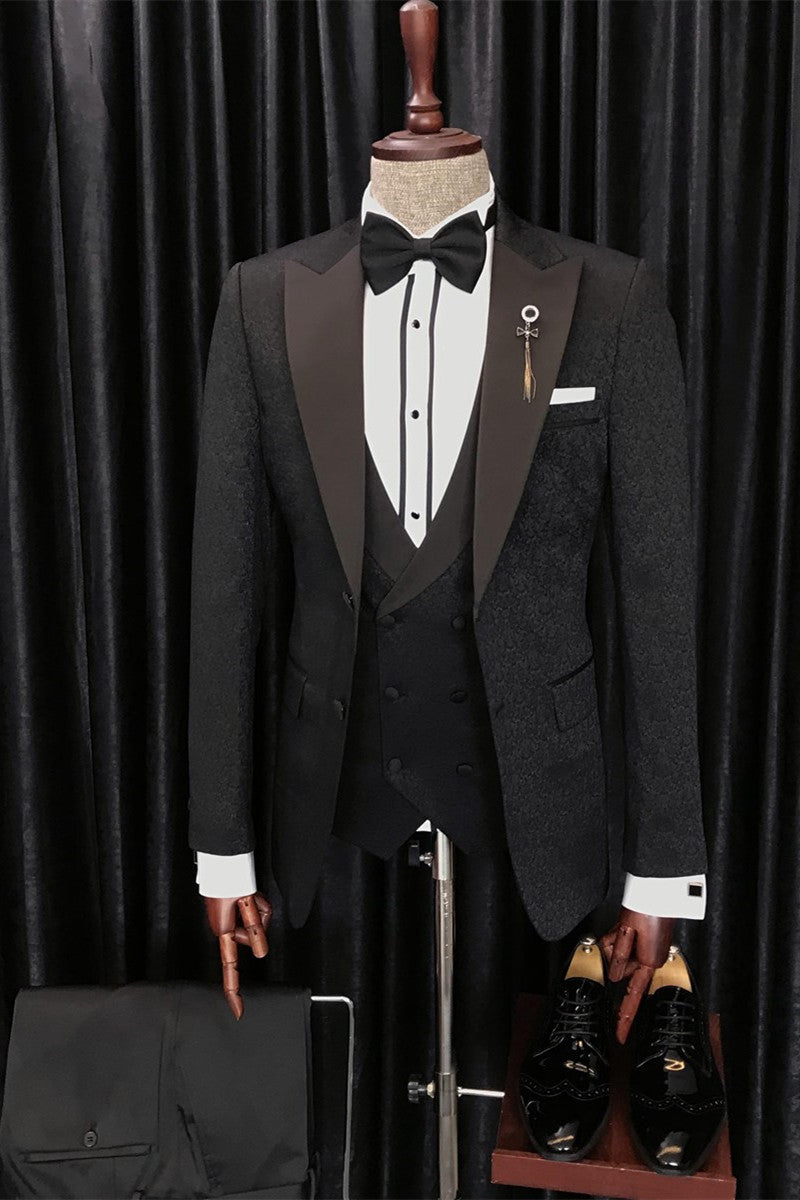 Anthony Newest Black Jaquard 3-Piece Peaked Lapel Wedding Suit for Men-Wedding Suits-BallBride