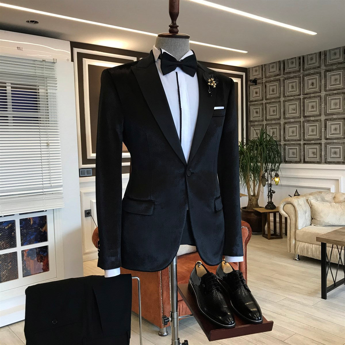 Ariel Black Velvet Men Suit - One Button Peaked Lapel Slim Fit-Wedding Suits-BallBride